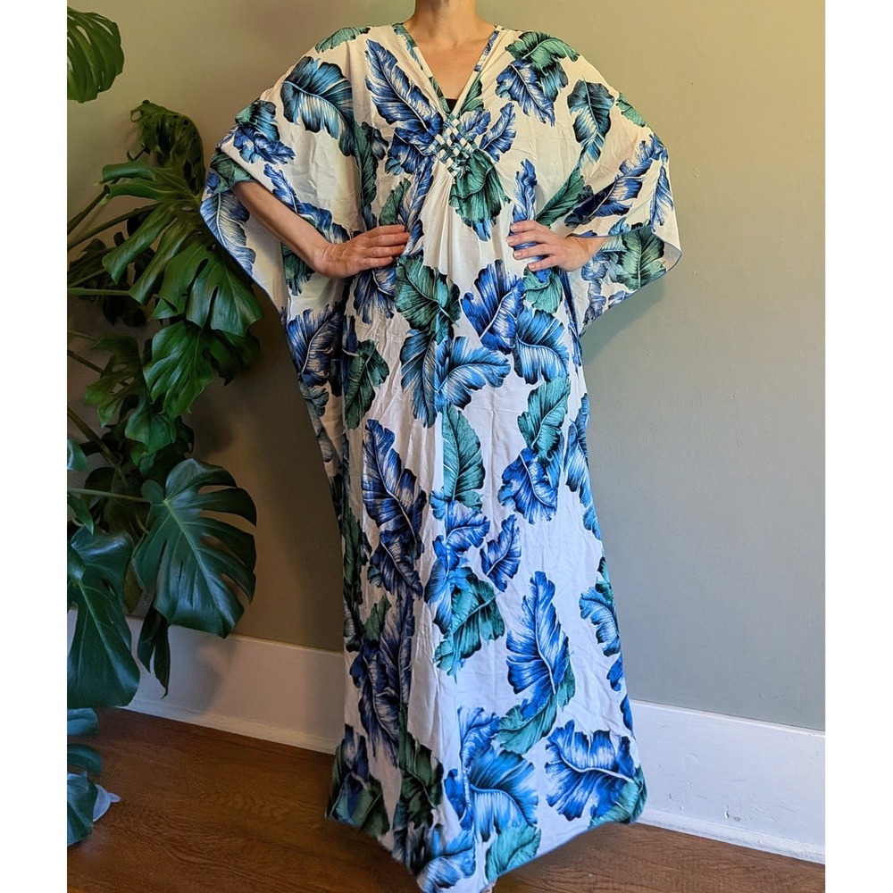 NWT Ornella Caftan Cotton Linen Tropical Leaf Resort Vacation Travel‎ Swim Cover